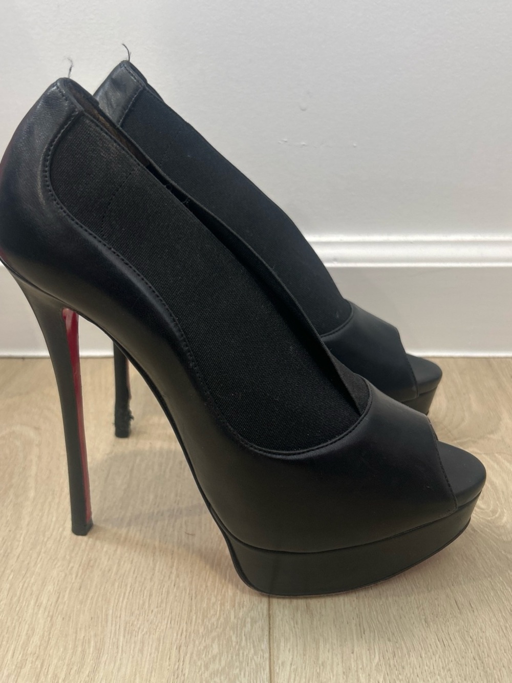 Christian Louboutin Black Peep-Toe Platform Pumps with Red Sole